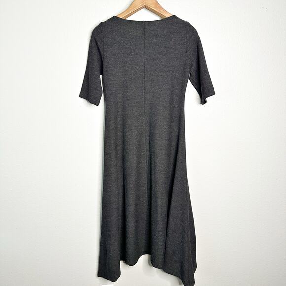 Eileen Fisher 100% Wool Maxi Dress Elbow Sleeve Scoop Neck Charcoal Gray Small P - Picture 7 of 12
